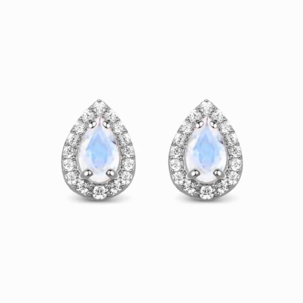 Fine 925 Sterling Silver Pear Shaped Moonstone Halo Earring